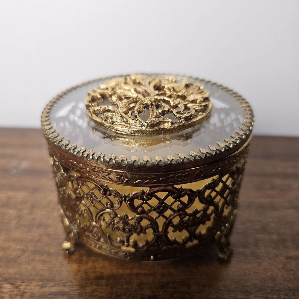 Vintage Matson Ormolu Gold Filigree Small Glass Jewelry / Trinket Box